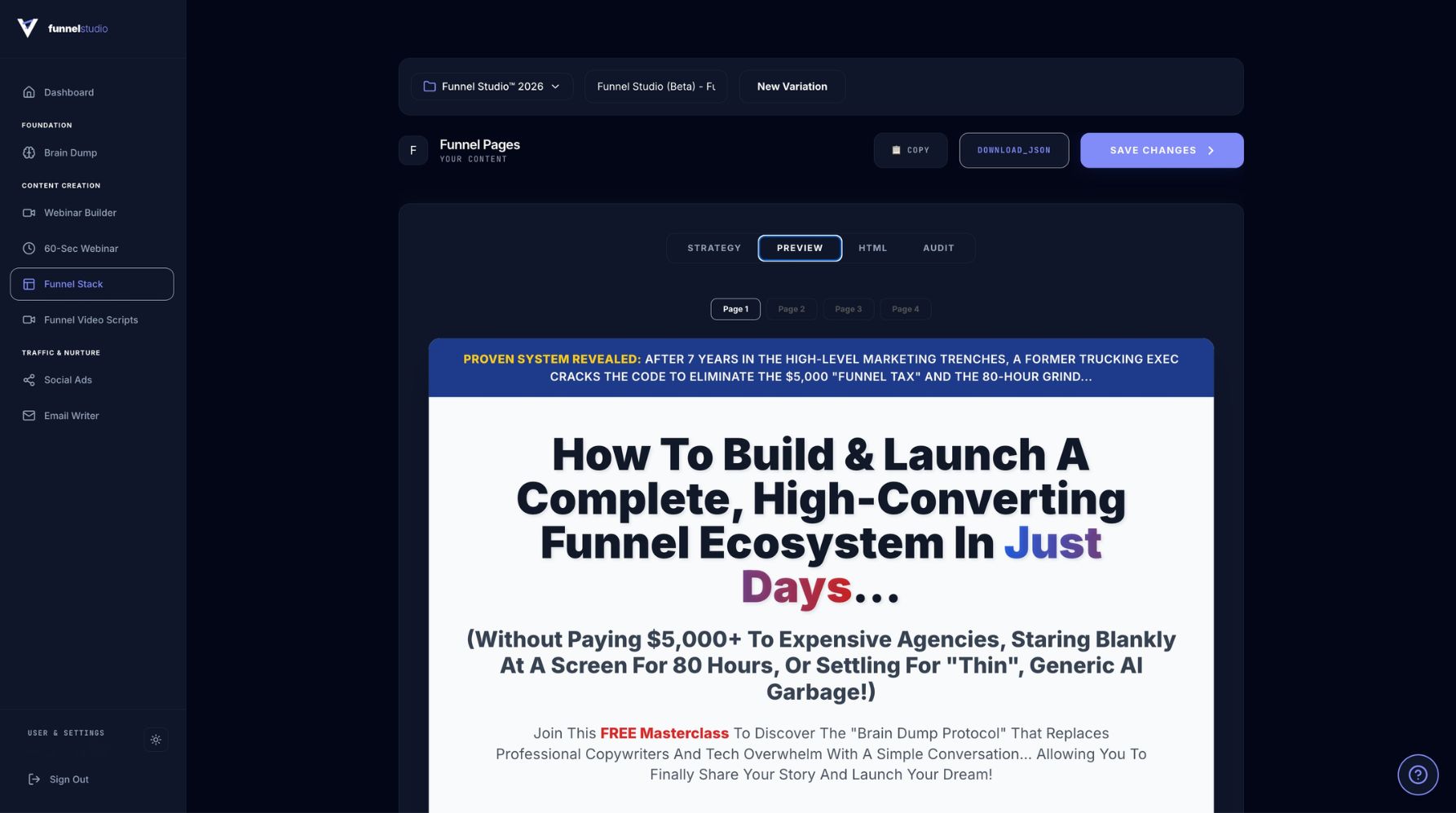 Funnel Stack Builder interface